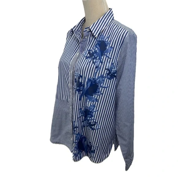 Chicos 2 Blue White Striped Floral Button Shirt Womens Large Long Sleeve - Picture 2 of 9